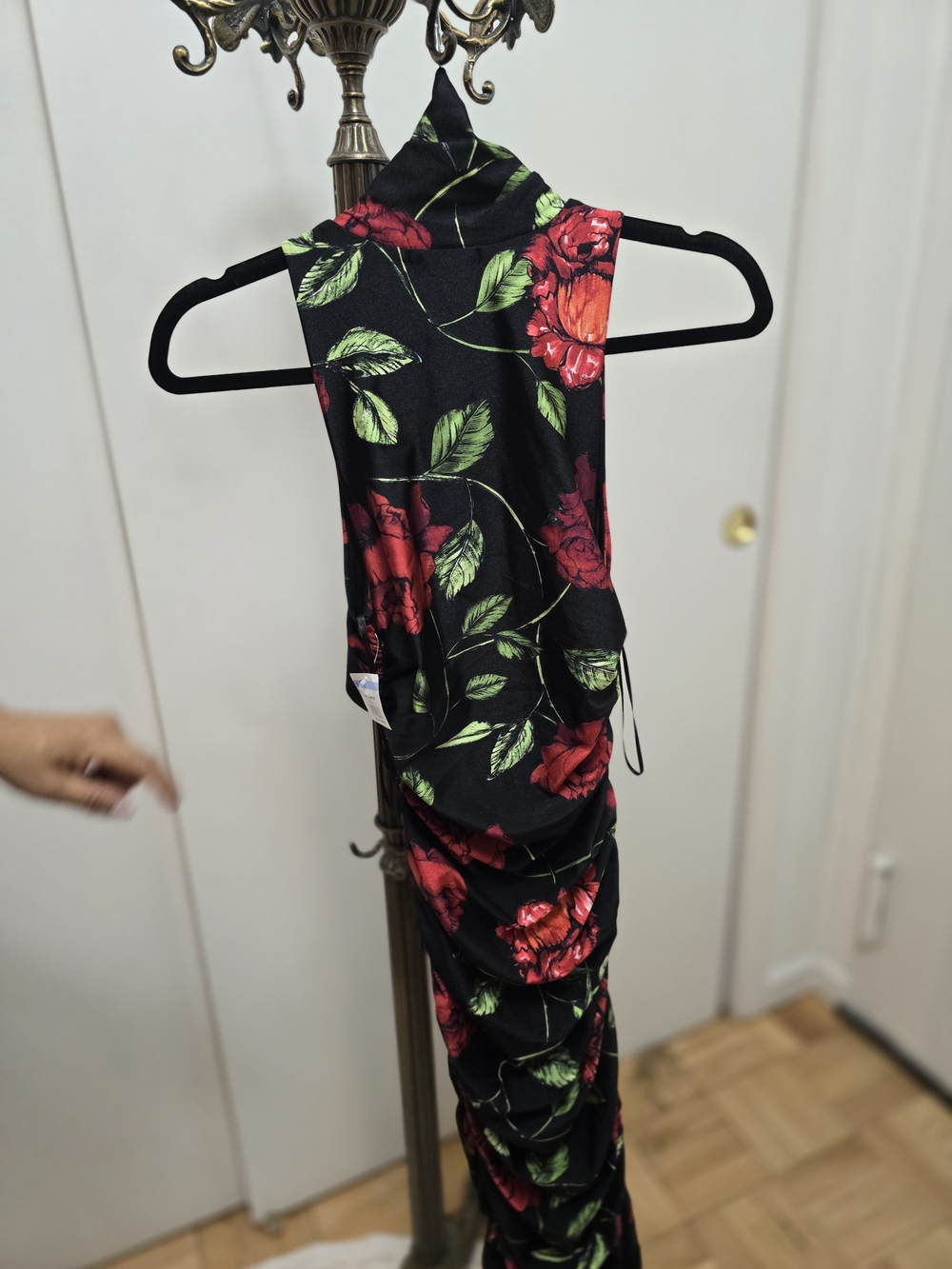AFRM Black Maxi Dress with Red Roses and Green Leaves